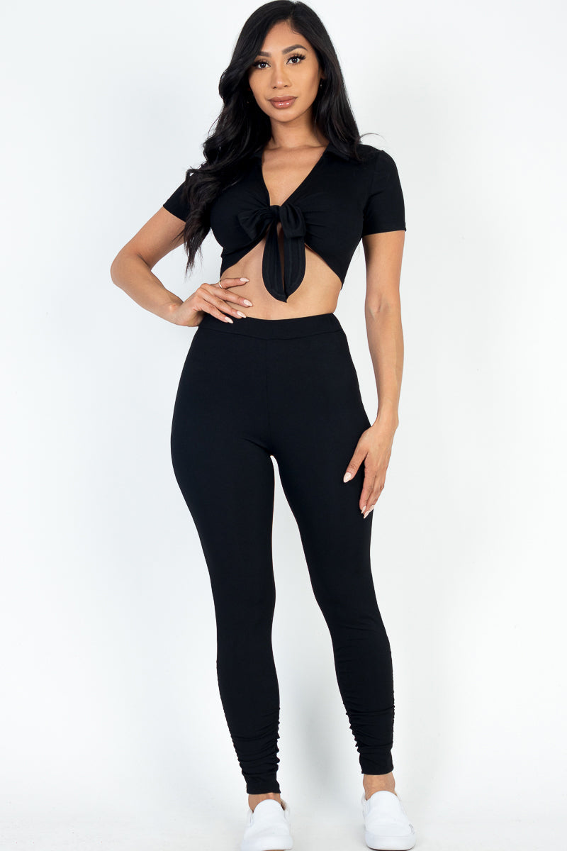 Ribbed Tie Front Crop Top & Ruched Hem Leggings Set (CAPELLA)