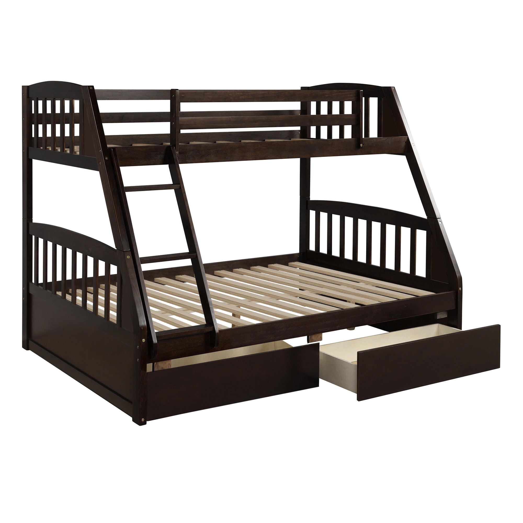 Espresso Solid Wood Twin Over Full Bunk Bed with 2 Storage Drawers