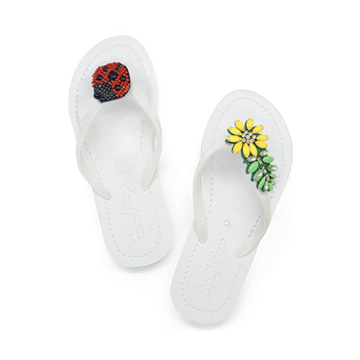 Ladybug & Daisy - Red and Yellow Motifs Flat Flip Flops