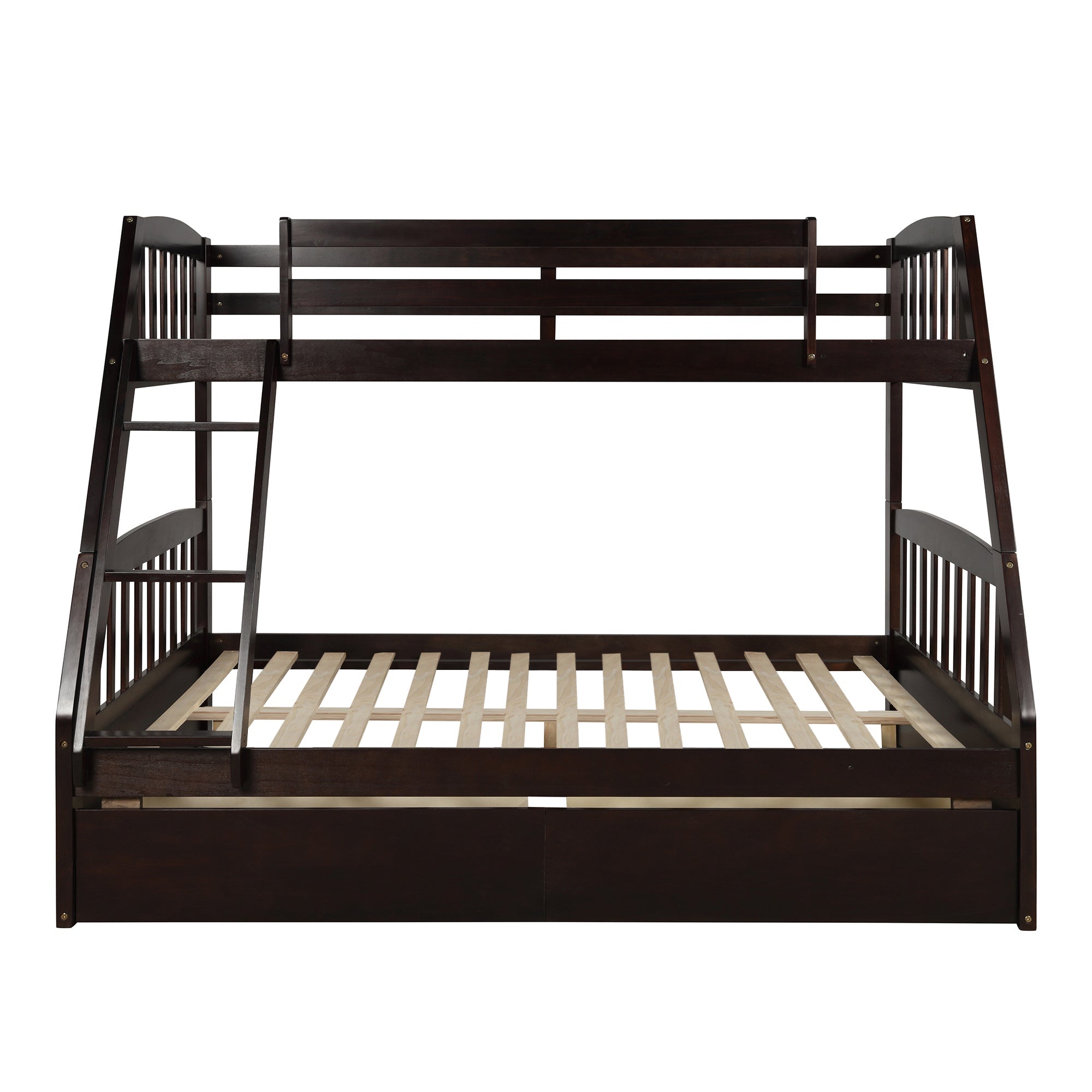 Espresso Solid Wood Twin Over Full Bunk Bed with 2 Storage Drawers