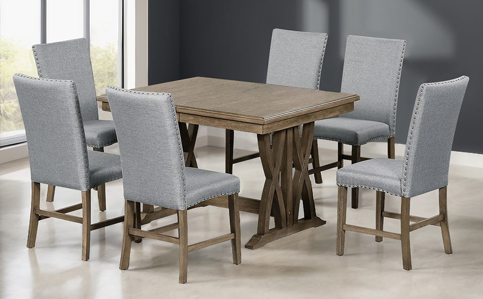 Mid-Century Solid Wood 7-Piece Extendable Dining Set for 6