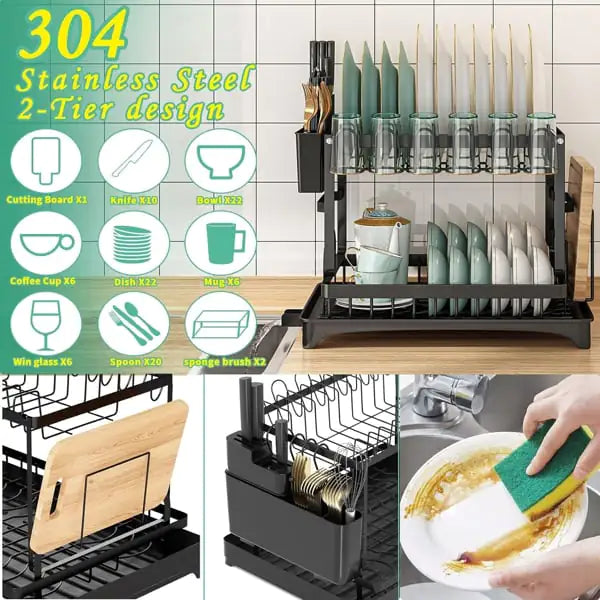 2-Tier Dish Rack with Drainboard & Utensil Holder