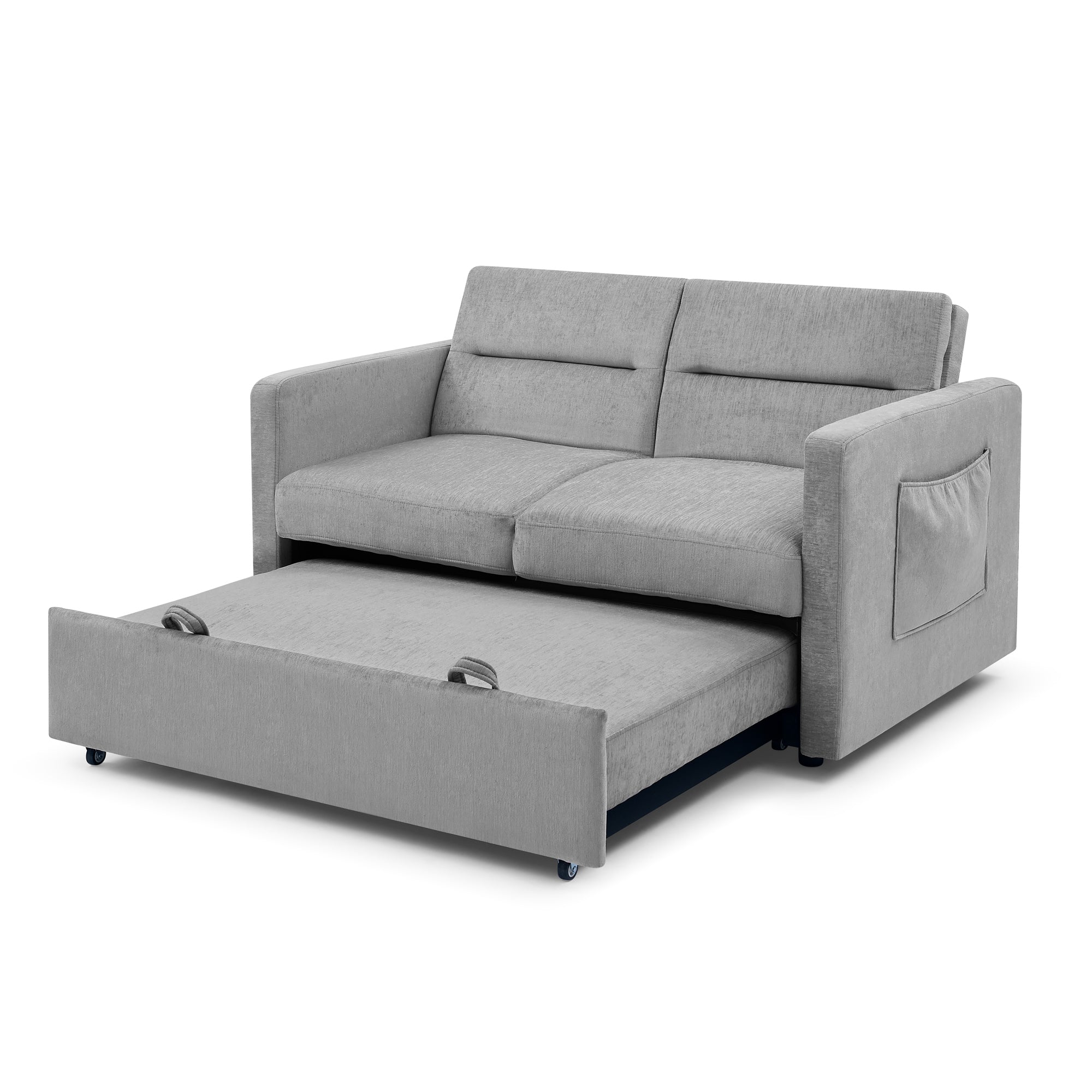 Grey Loveseat Sofa Bed with Pull-Out, Adjustable Back & Arm Pockets