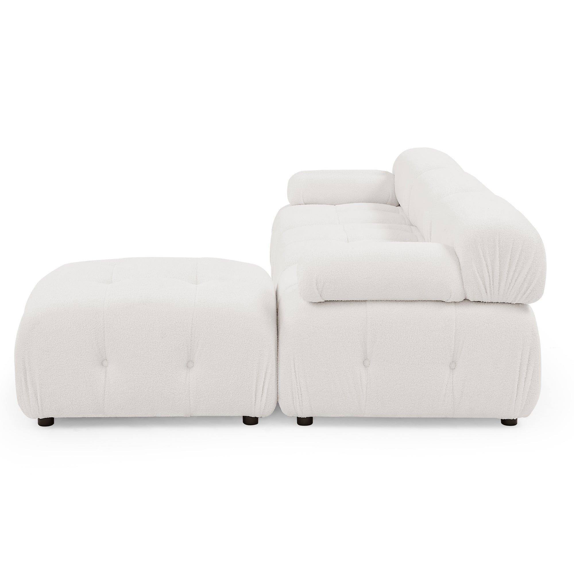 Modular L-Shaped Sofa with Ottoman, Button Tufted, Ivory Teddy Fabric