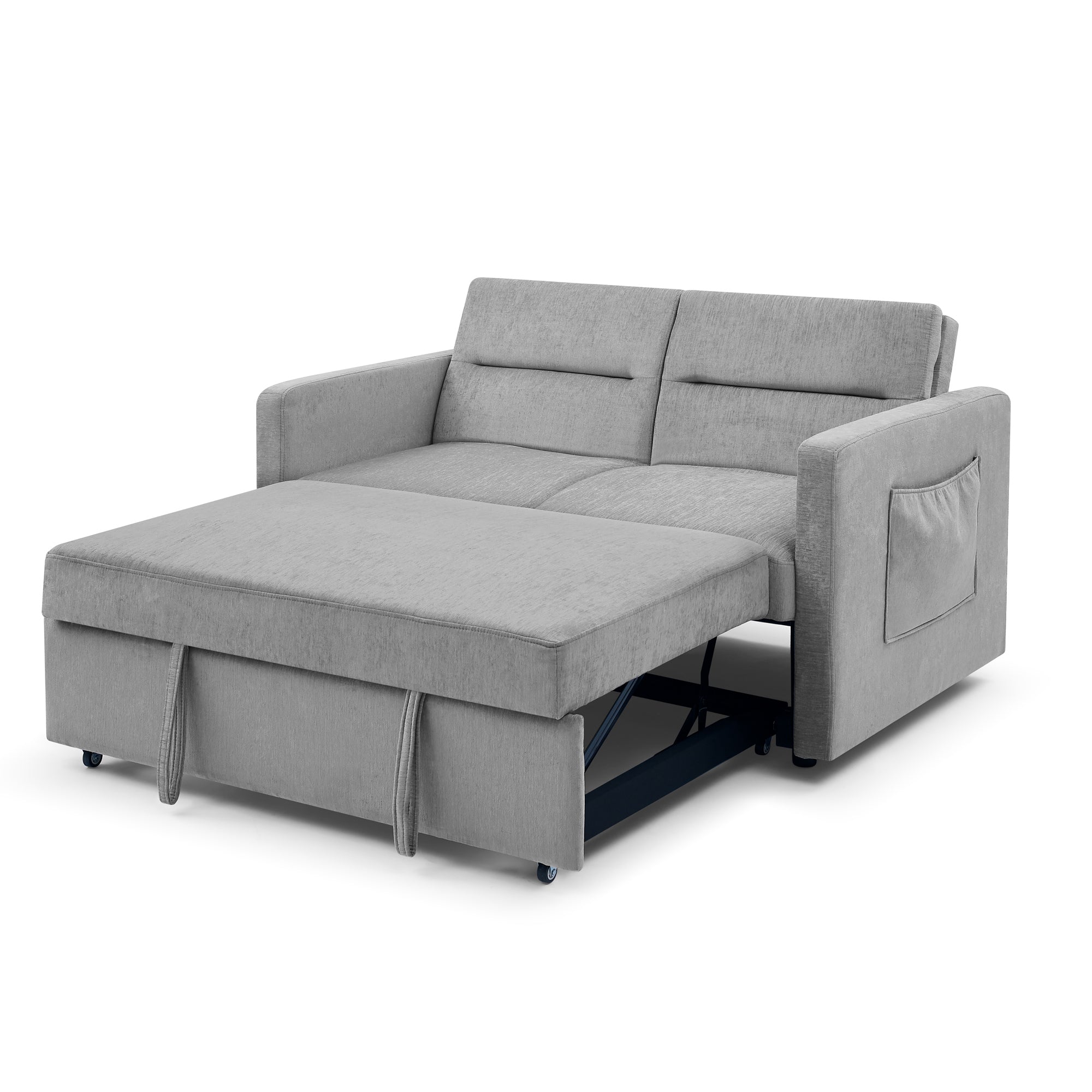 Grey Loveseat Sofa Bed with Pull-Out, Adjustable Back & Arm Pockets