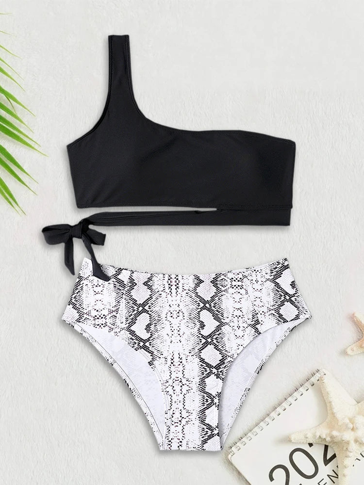 Ensemble bikini taille haute léopard à une épaule - Maillot de bain 2 pièces push-up pour femme