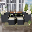 All-Weather 9-Piece Patio Dining Set, Wood Top, Black Wicker & Beige Cushions