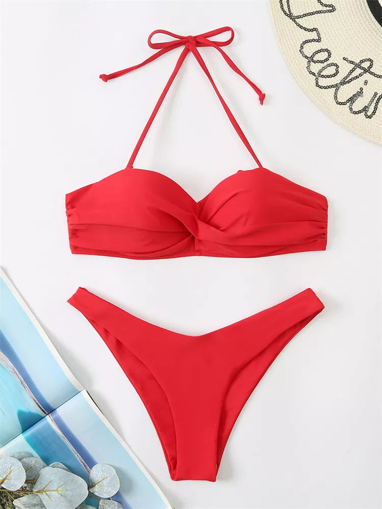 Ensemble de maillot de bain bikini push-up taille haute, maillot de bain deux pièces string uni