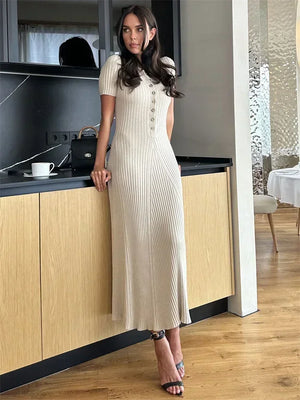 Elegant Tossy White Knit Maxi Dress - Short Sleeve, Patchwork, Lapel, High Waist