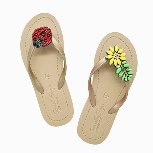 Ladybug & Daisy - Red and Yellow Motifs Flat Flip Flops