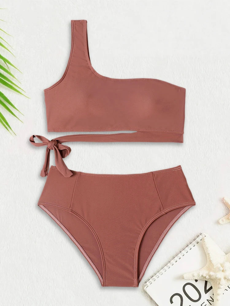 Ensemble bikini taille haute léopard à une épaule - Maillot de bain 2 pièces push-up pour femme