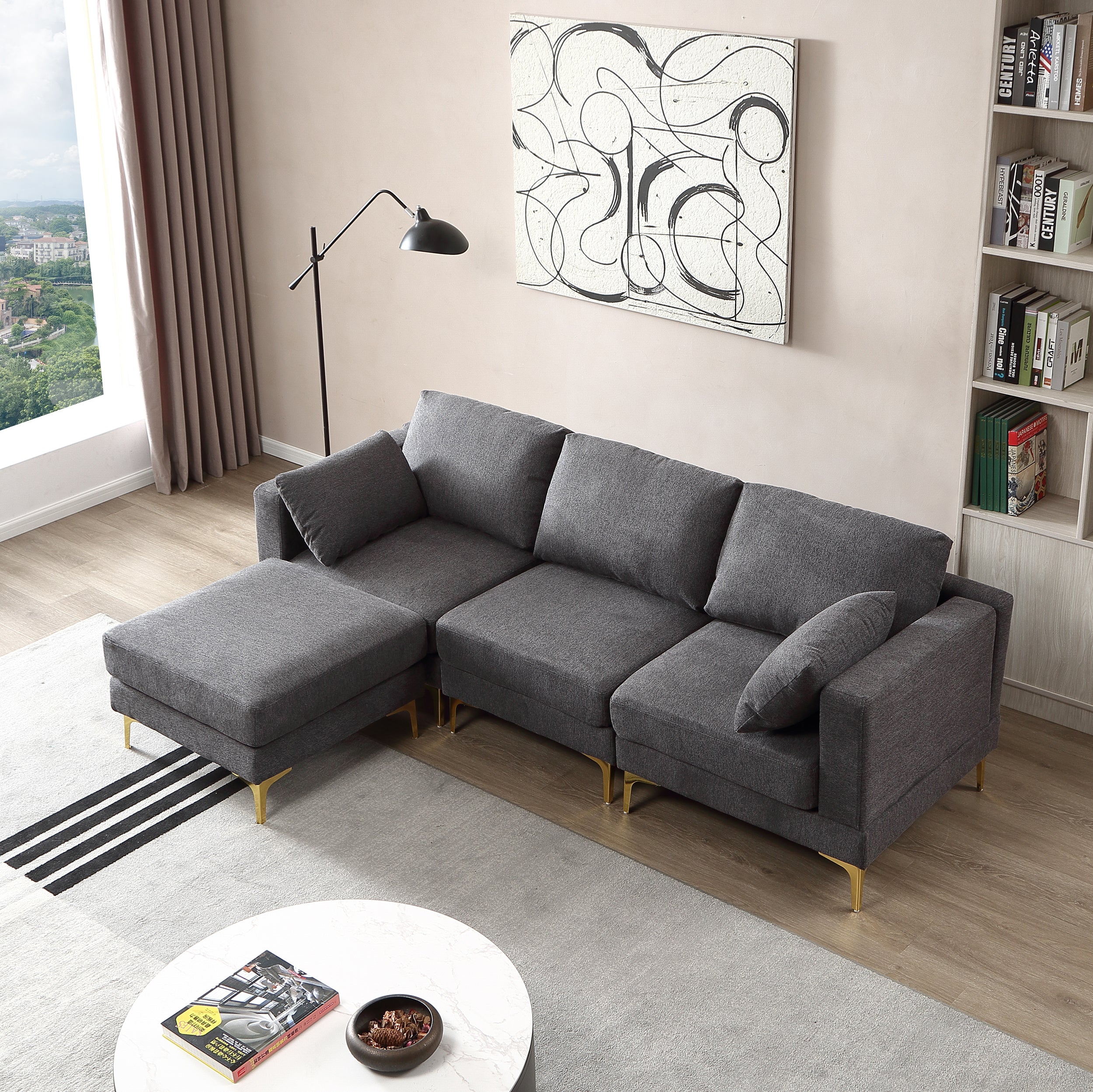 Modern L-Shaped Leisure Couch in Dark Grey Fabric for Living Room