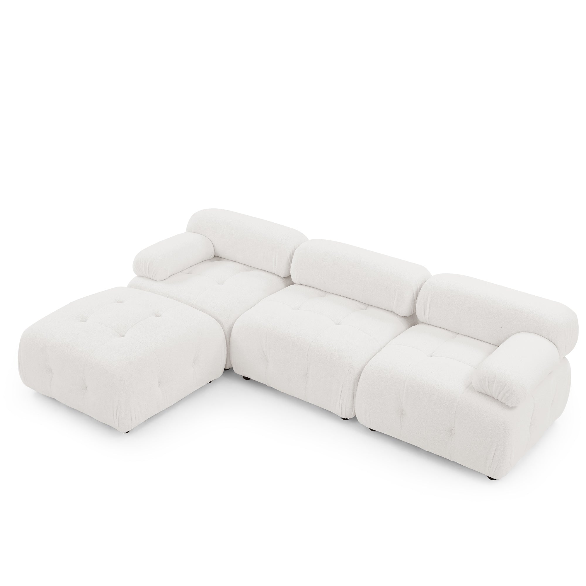 Modular L-Shaped Sofa with Ottoman, Button Tufted, Ivory Teddy Fabric