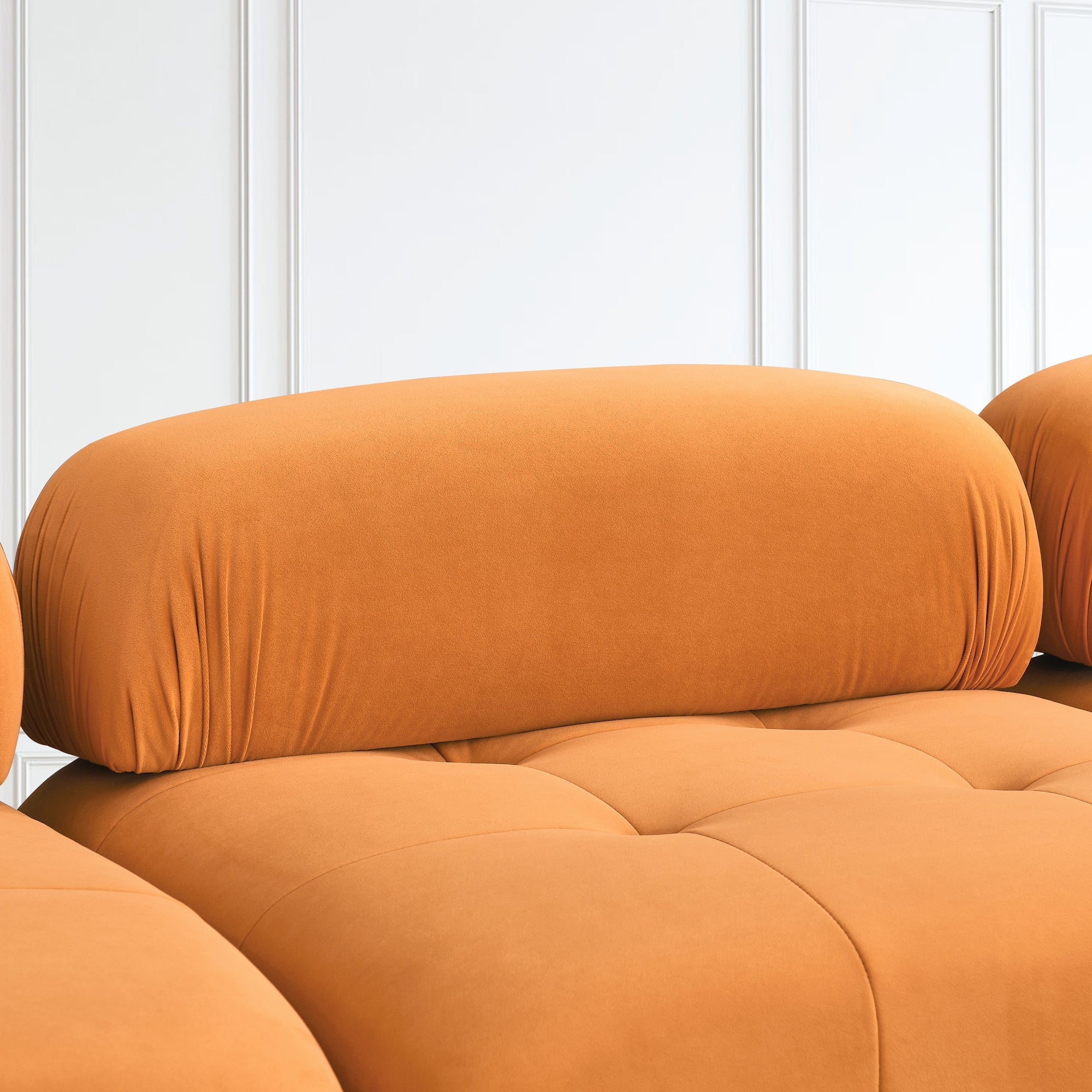 Modular L-Shaped Sofa, Orange Velvet, Tufted Design & Reversible Ottoman