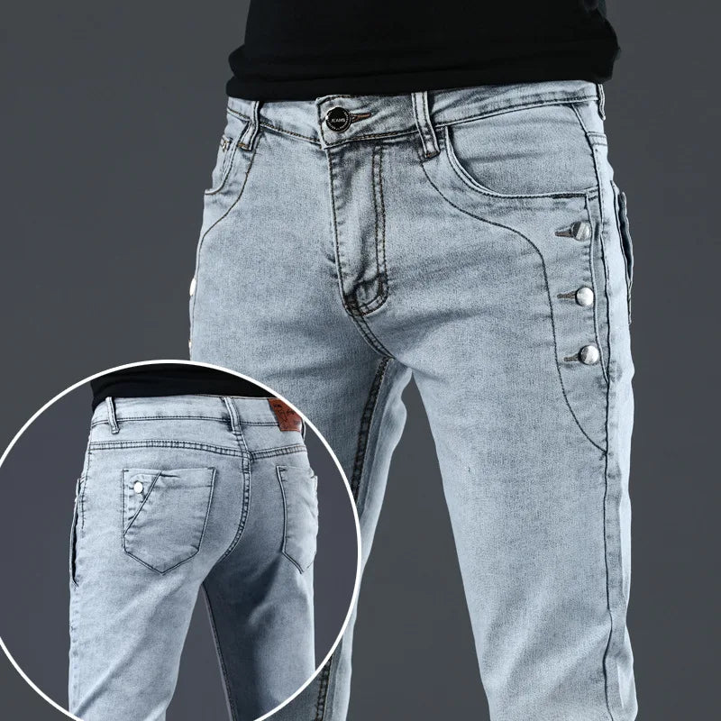 Men's Cotton Lace-Up Skinny Denim Jeans with Elastic Waist