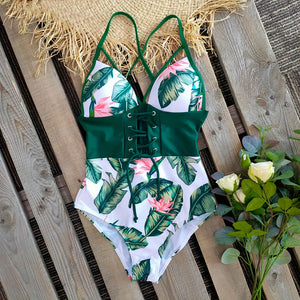 Abdomen Control Waist Push-Up Printed Retro Swimsuit