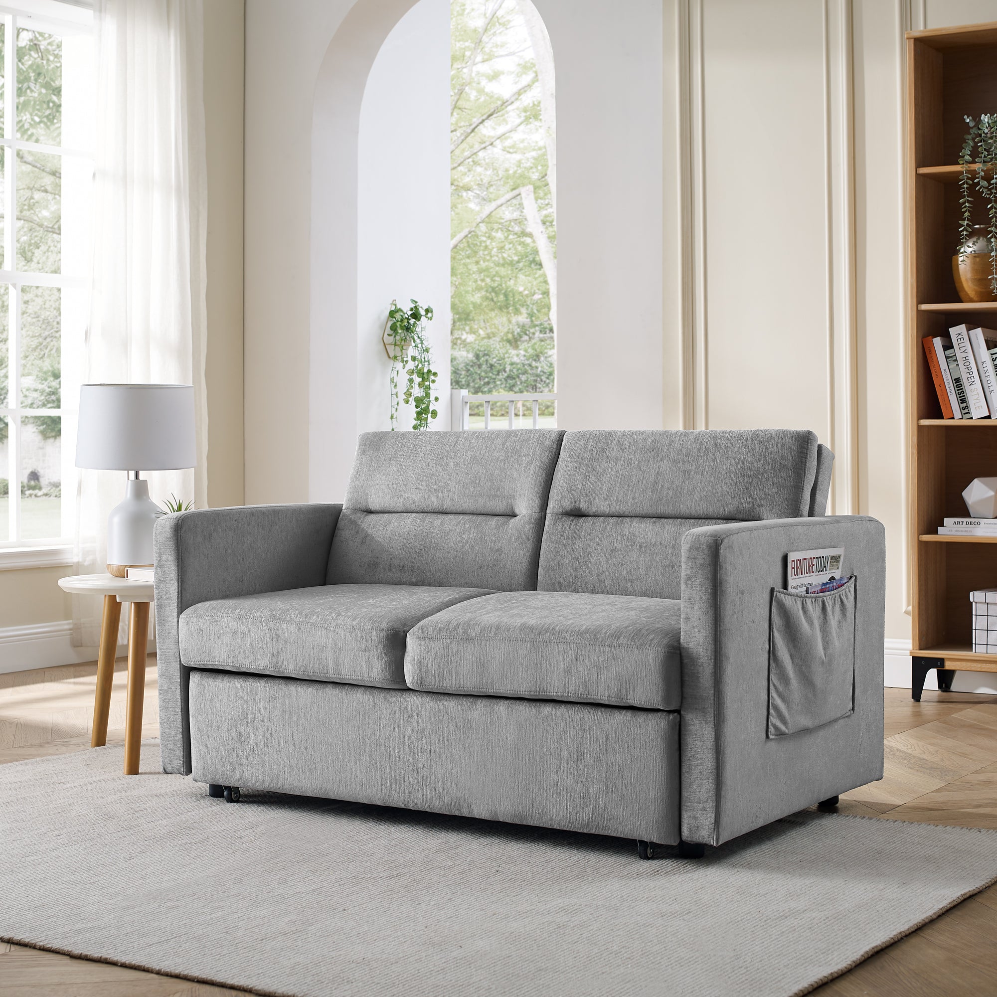 Grey Loveseat Sofa Bed with Pull-Out, Adjustable Back & Arm Pockets