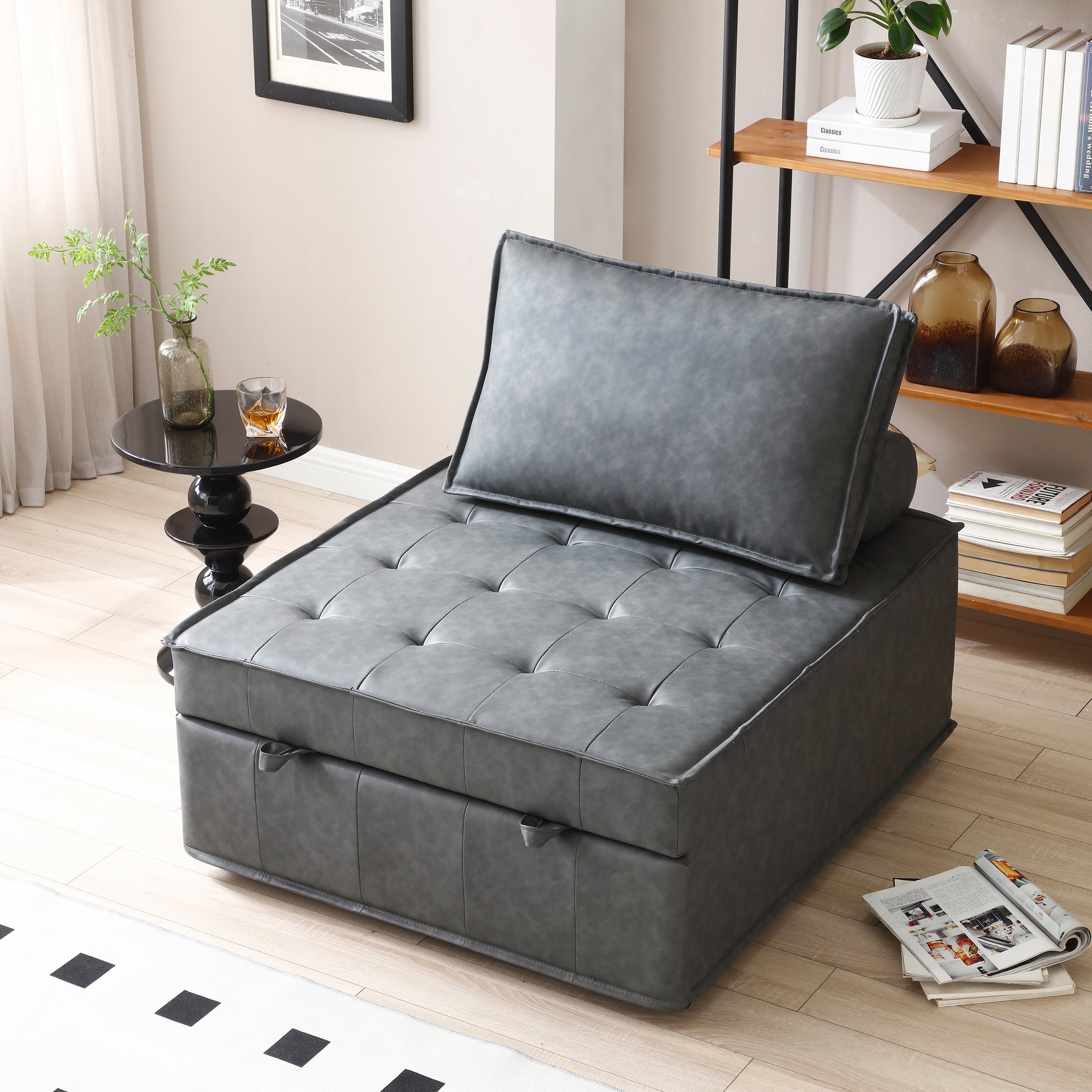 Dark Grey Multipurpose Faux Leather Ottoman Sofa Bed & Lazy Chair