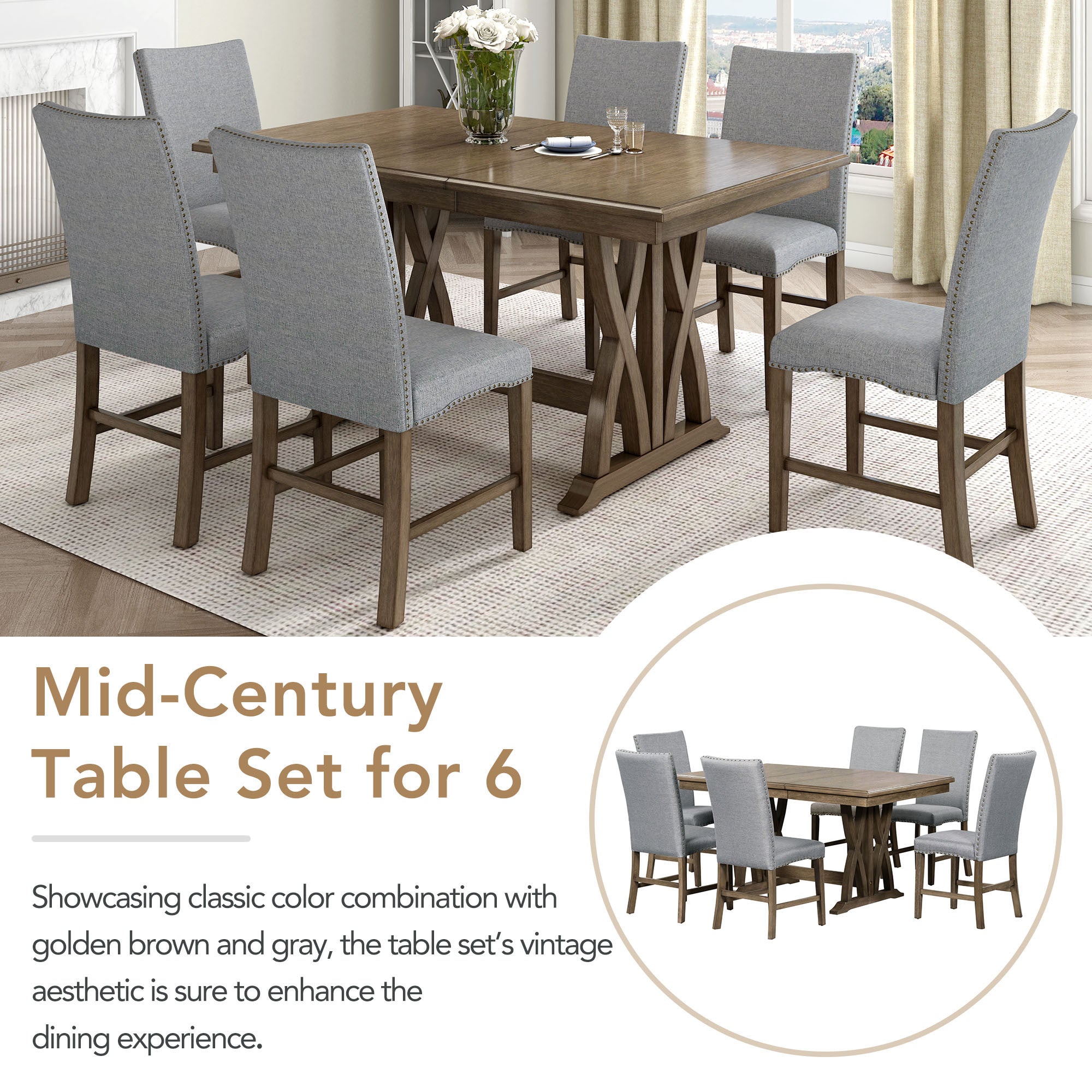 Mid-Century Solid Wood 7-Piece Extendable Dining Set for 6