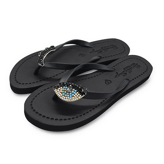 Eyes - Black and Blue Rhine Stone Embellished Women's Flat Flip Flops