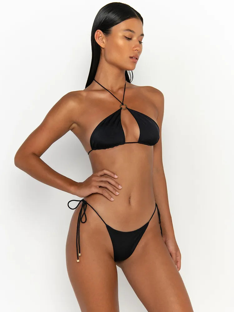 Ensemble bikini push-up : maillot de bain de couleur unie, vêtements de plage sexy