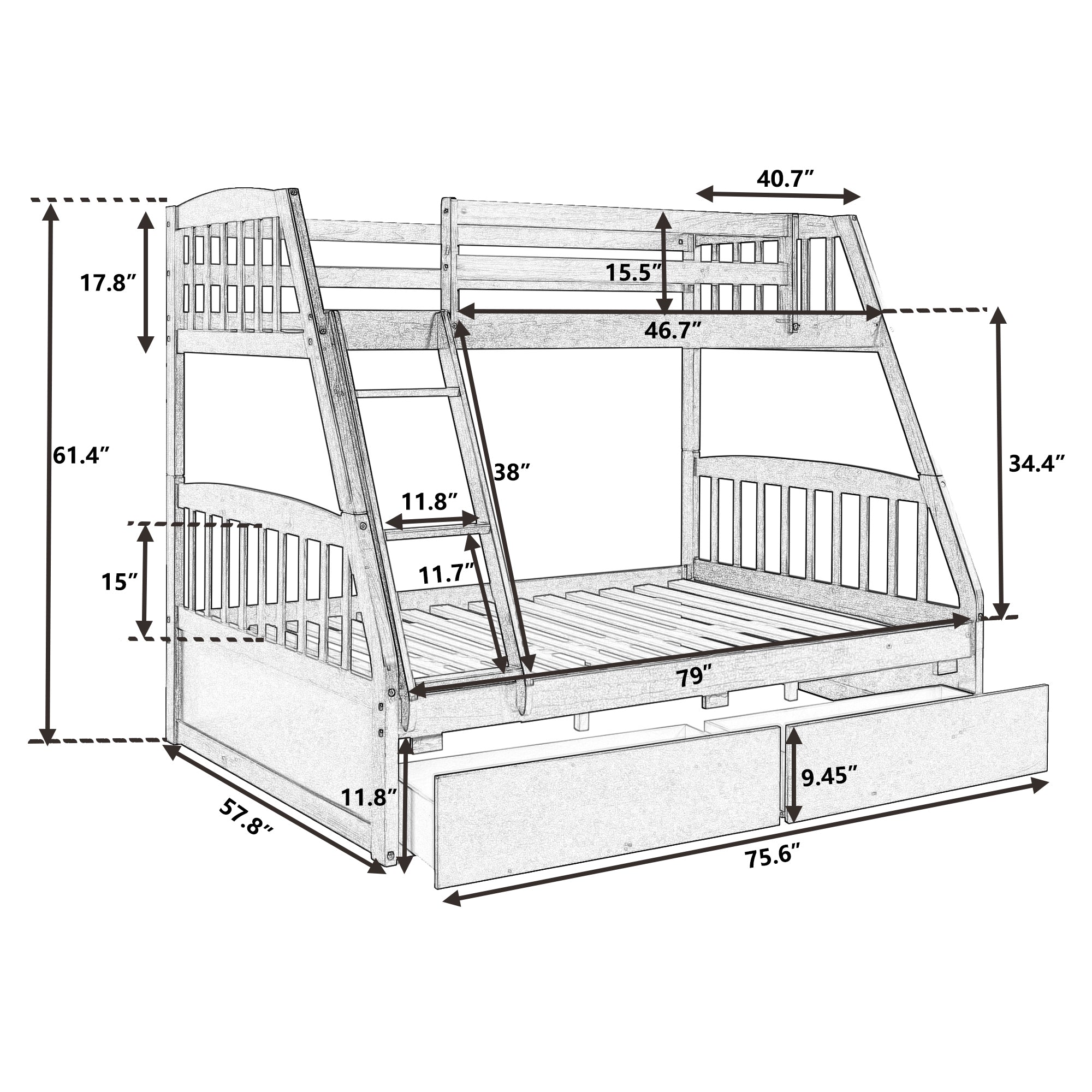 Espresso Solid Wood Twin Over Full Bunk Bed with 2 Storage Drawers