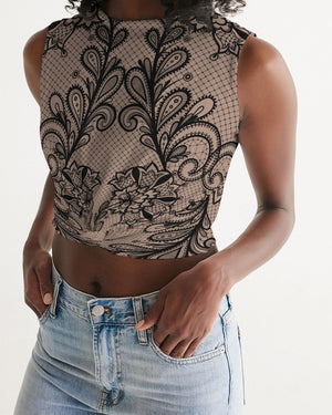 Black & Nude Lace Twist-Front Crop Tank