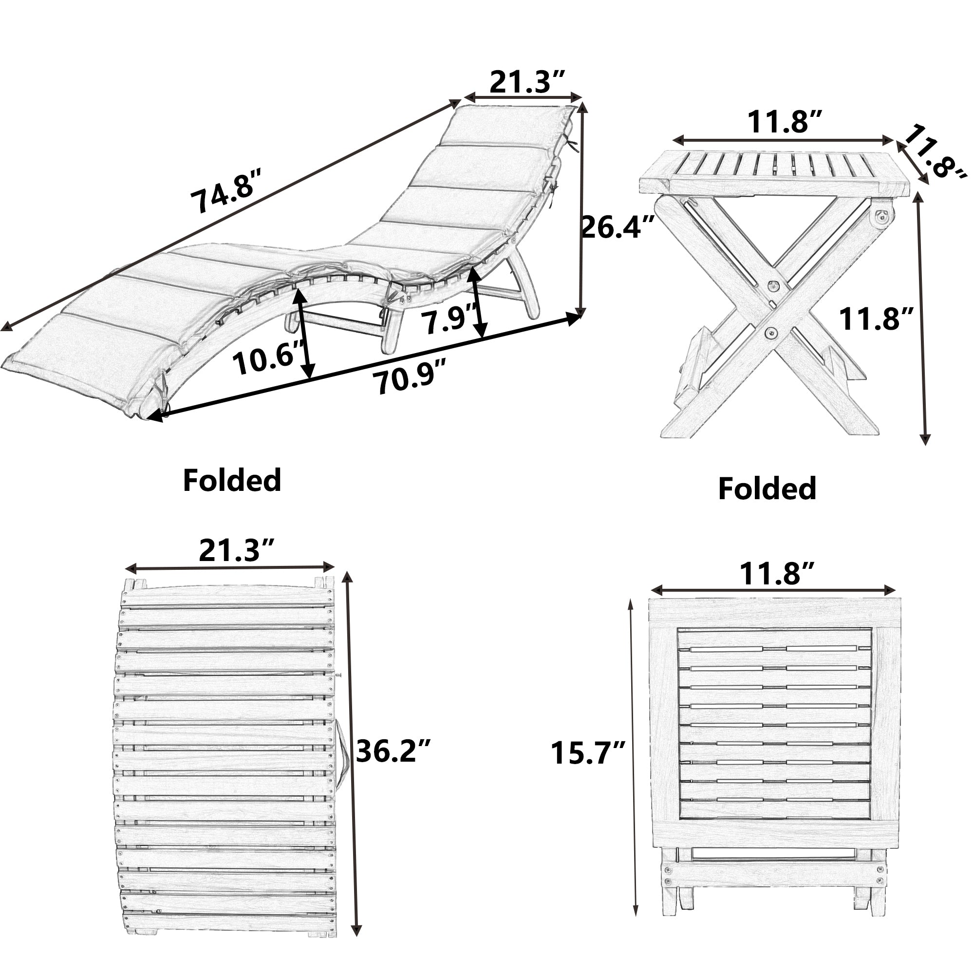 Portable Wood Chaise Lounge Set with Foldable Table, Brown - Patio/Pool/Garden