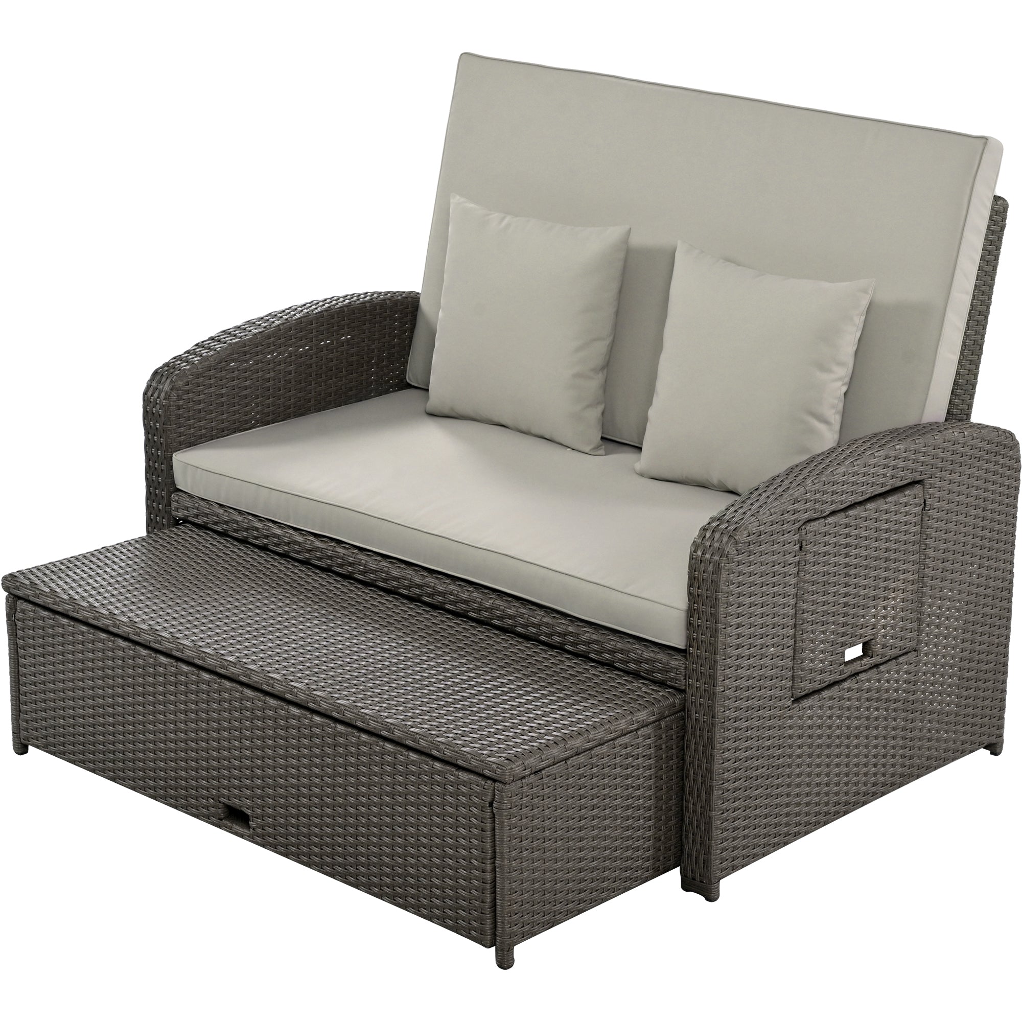 PE Wicker Rattan Double Chaise Lounge, Adjustable Reclining Daybed