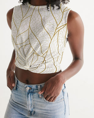 Gold Abstract Leaves Twist-Front Crop Tank