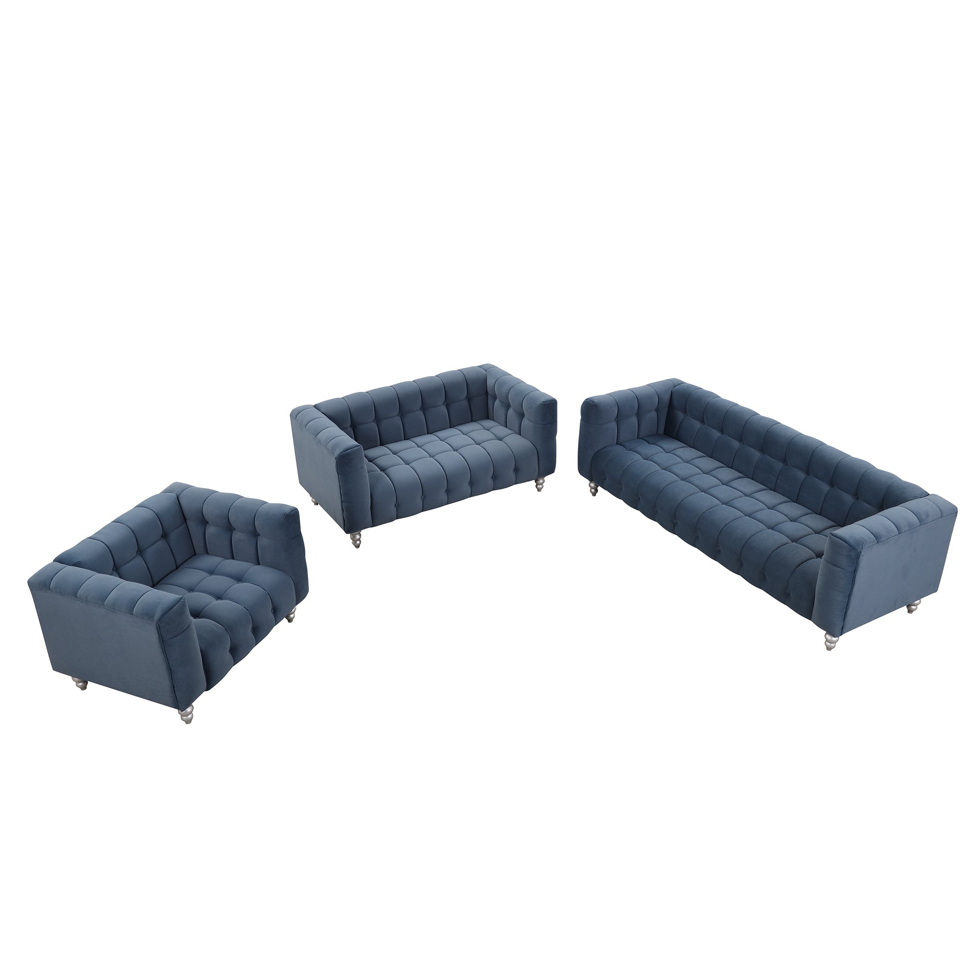 Modern 3-Piece Sofa Set with Wood Legs & Tufted Fleece Upholstery