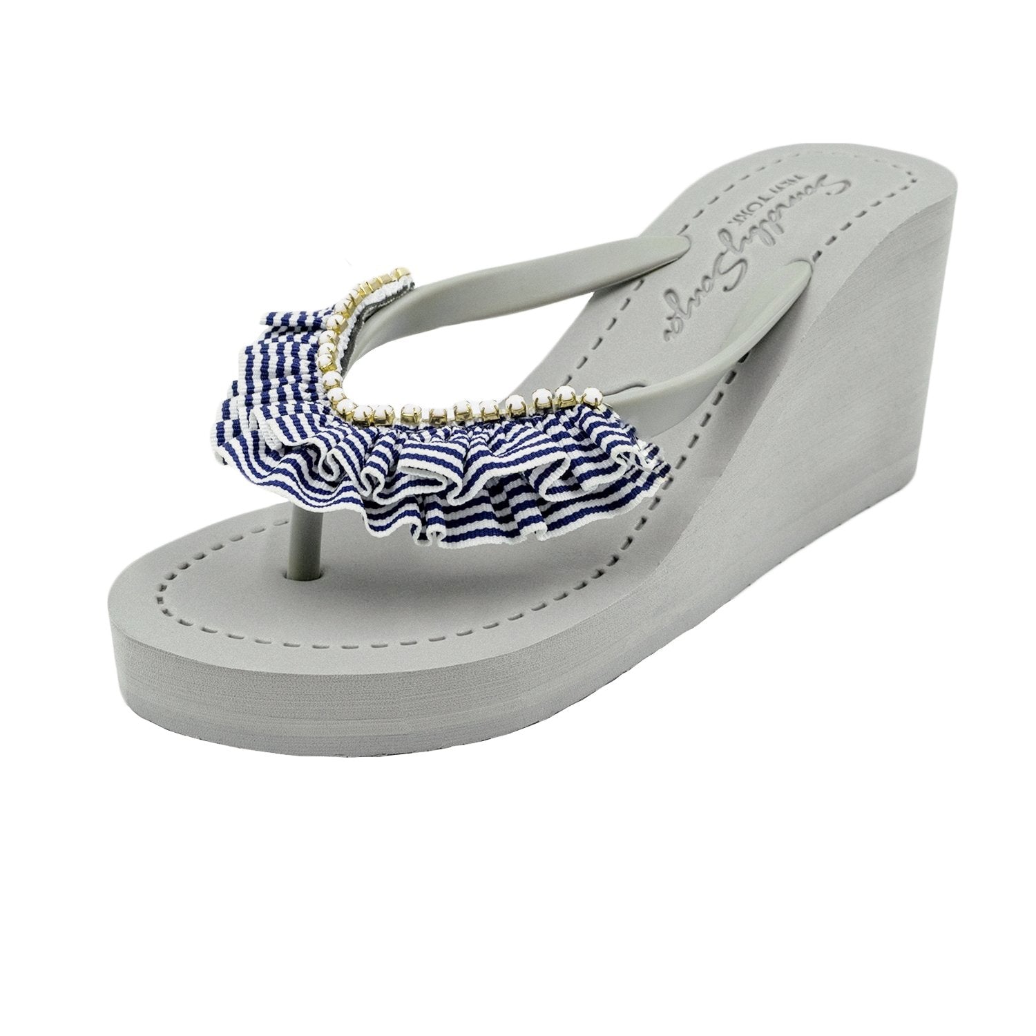 Rockaway Stripe - Sandale tongs à talons hauts en pierre du Rhin bleu marine et blanc