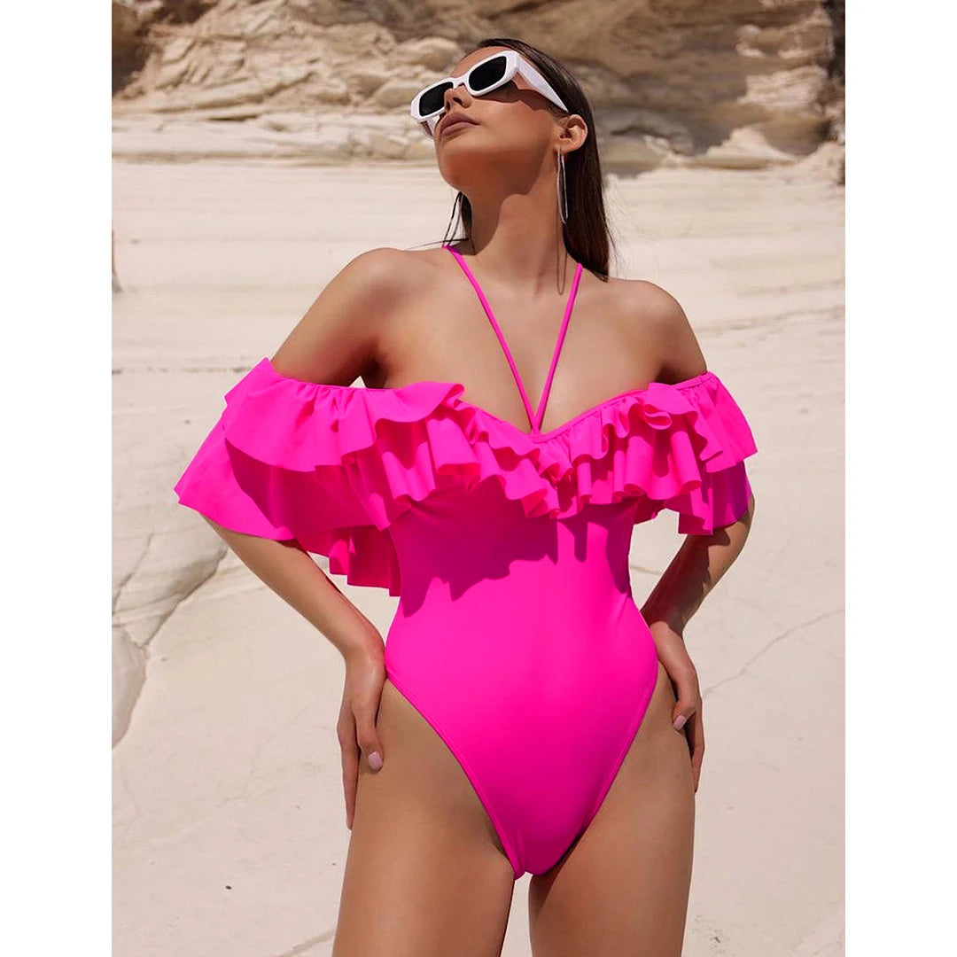 New Sexy Off-Shoulder Ruffle One-Piece Swimsuit - XL Women’s Swimwear