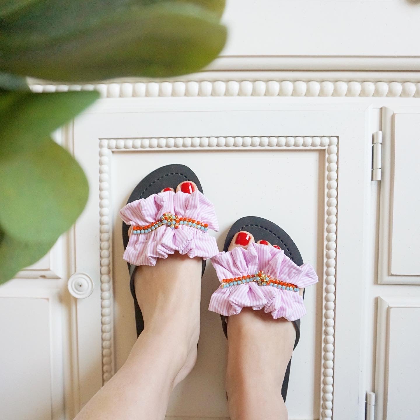 Pink Hudson Stripe Ruffle - Flat Flip Flops Sandal