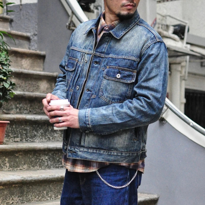 Distressed Selvedge Denim Motorcycle Jacket - American Casual Style