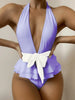 Sleek Ruffle Monokini: White & Black Deep V Push-Up Backless Swimsuit