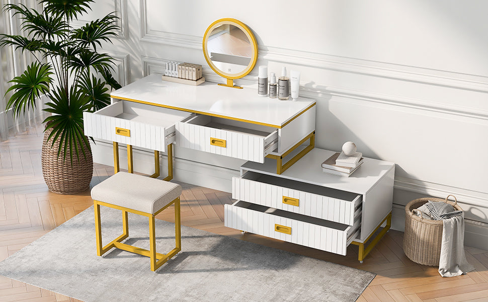 Modern Vanity Table with Movable Side Cabinet, 4 Drawers & Mirror