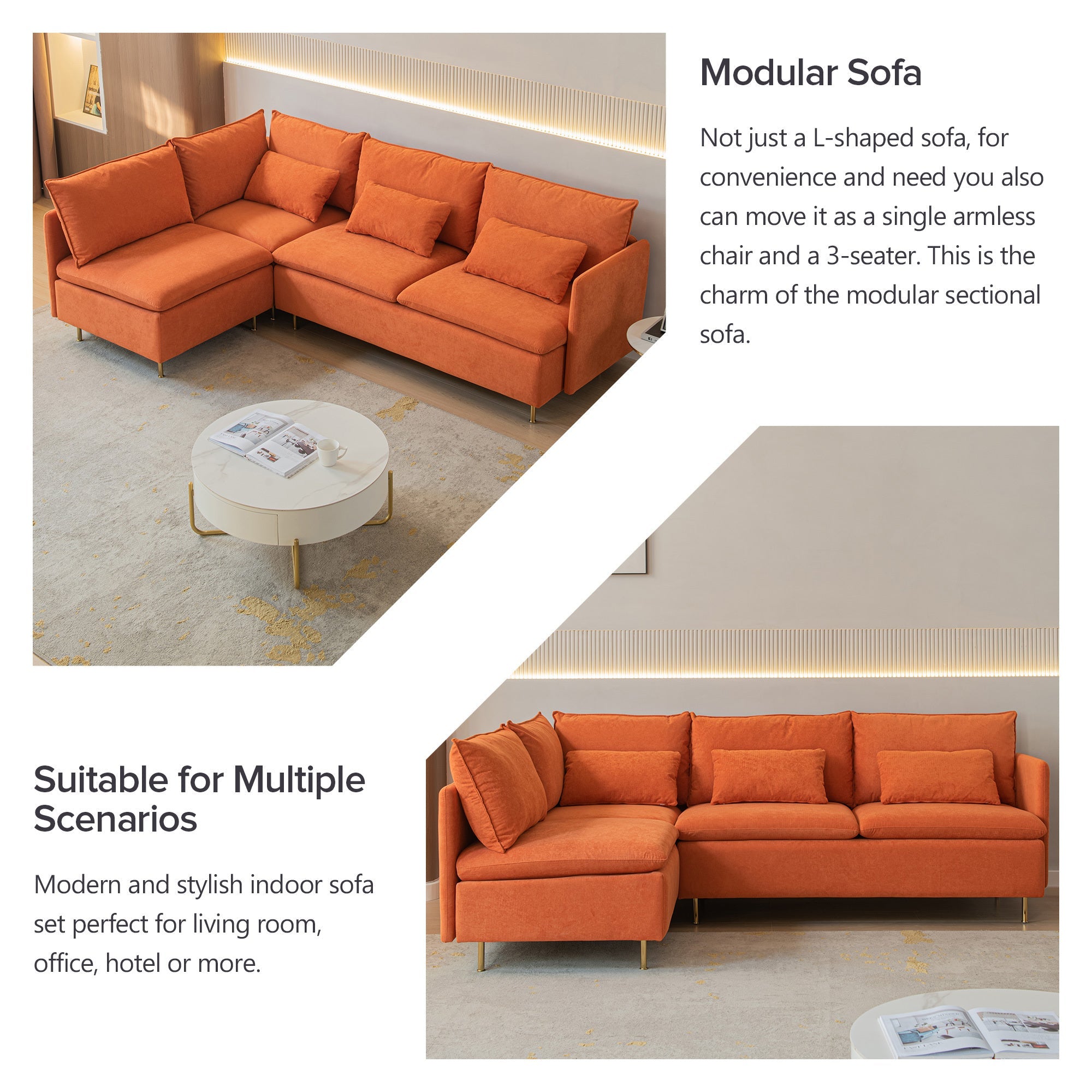 90.9'' Modular L-Shaped Sofa, Left-Facing, Orange Cotton Linen