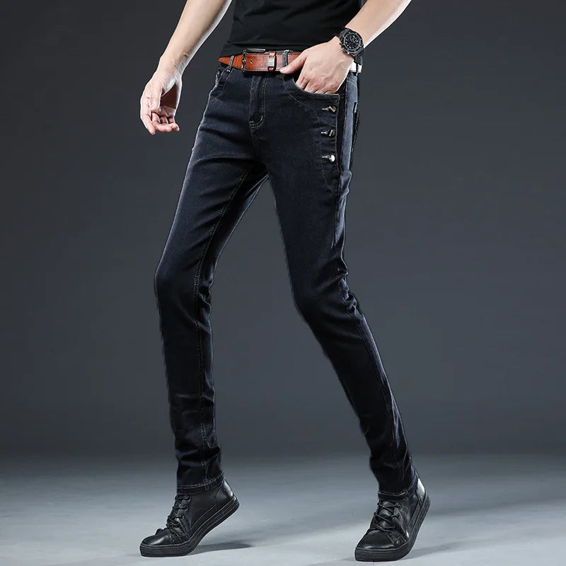 Men's Cotton Lace-Up Skinny Denim Jeans with Elastic Waist