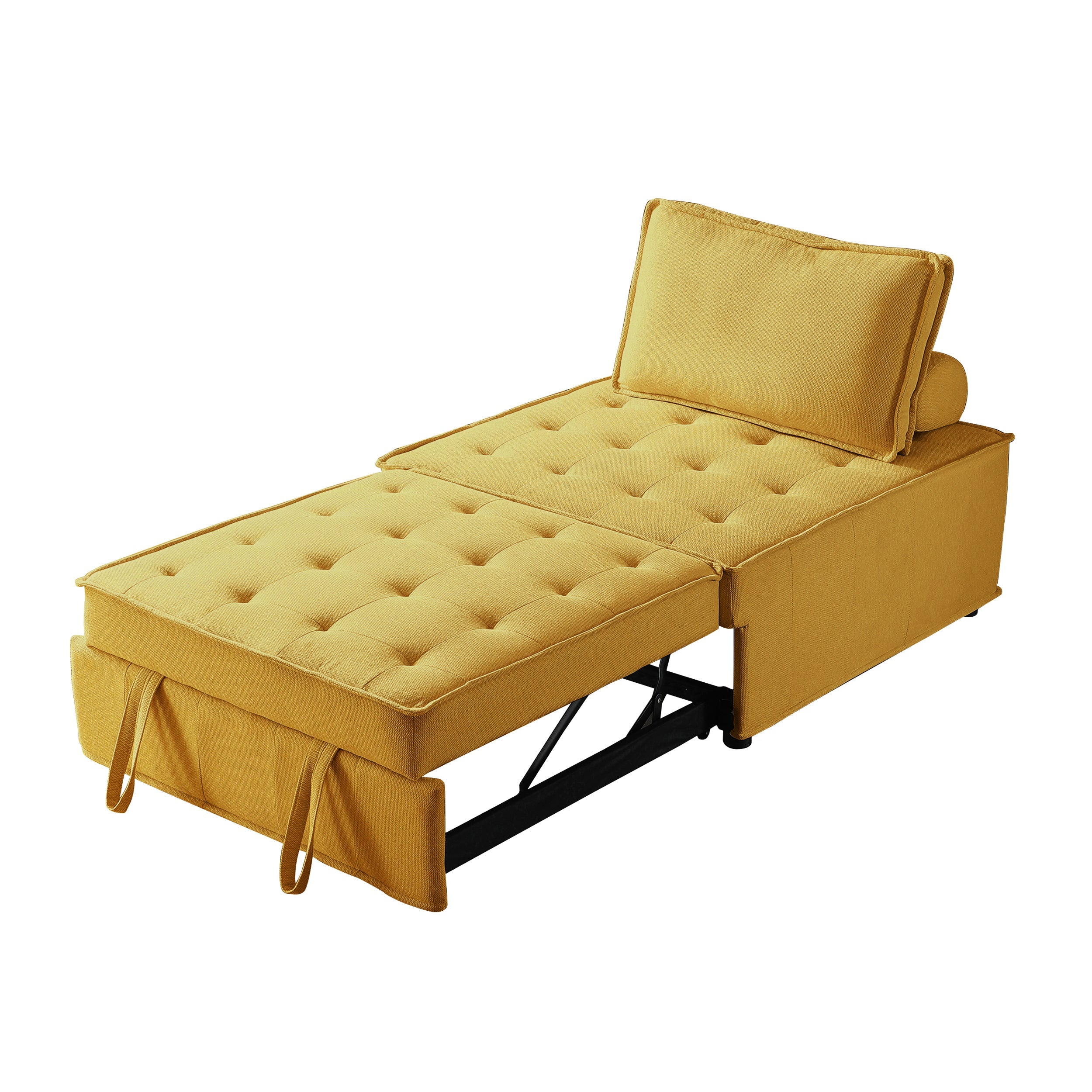 Yellow Linen Ottoman Sofa Bed with Pull-Out Lazy Sofa Feature