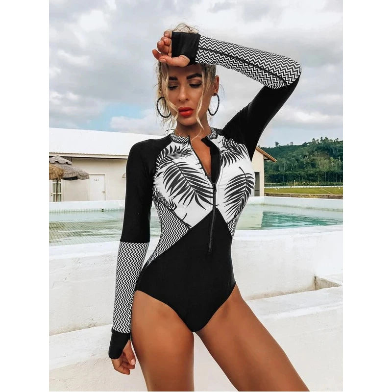 Maillot de Bain Floral Rash Guard à Manches Longues et Monokini Grande Taille