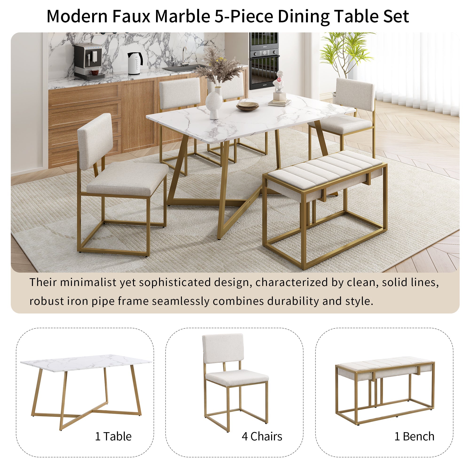 Modern Faux Marble 6-Piece Dining Set: 60