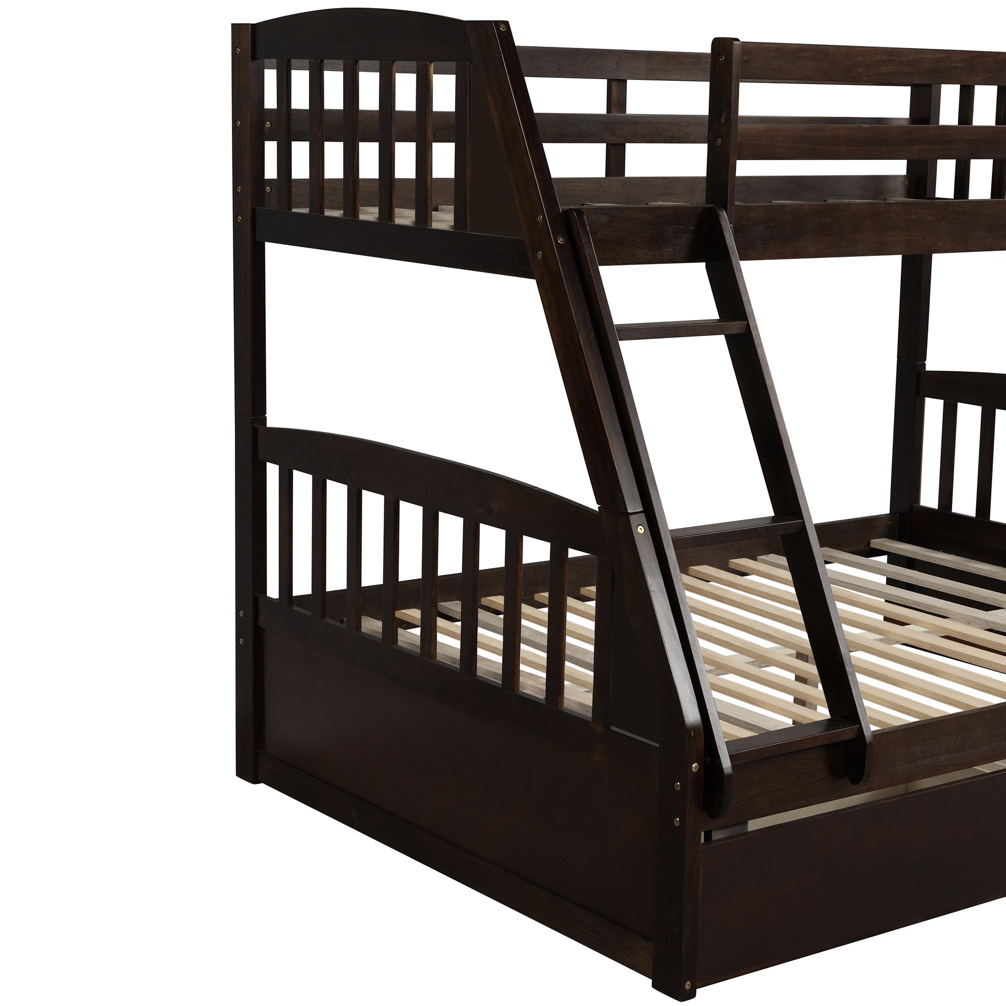 Espresso Solid Wood Twin Over Full Bunk Bed with 2 Storage Drawers