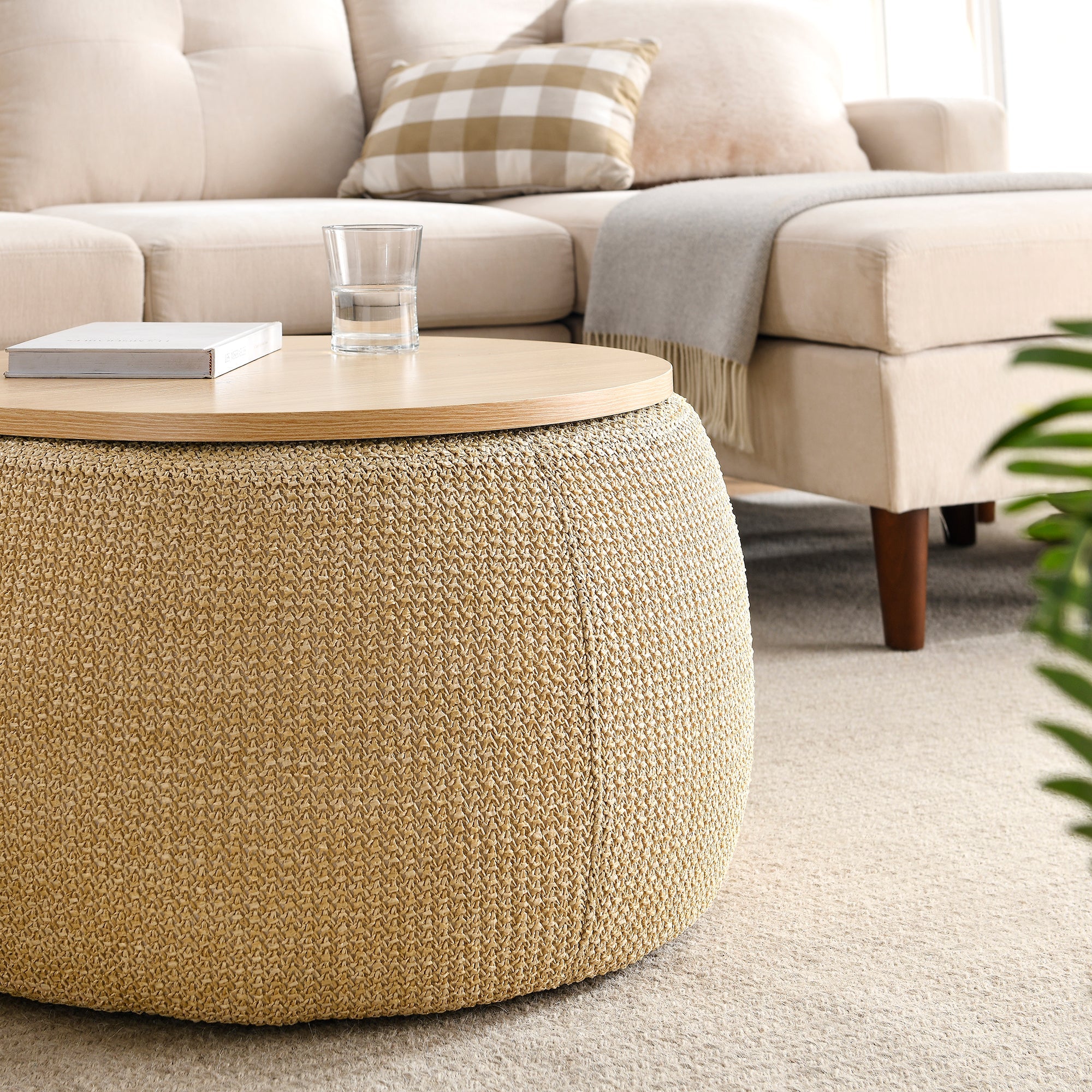 Round Storage Ottoman, 2-in-1 End Table & Ottoman, Natural (25.5