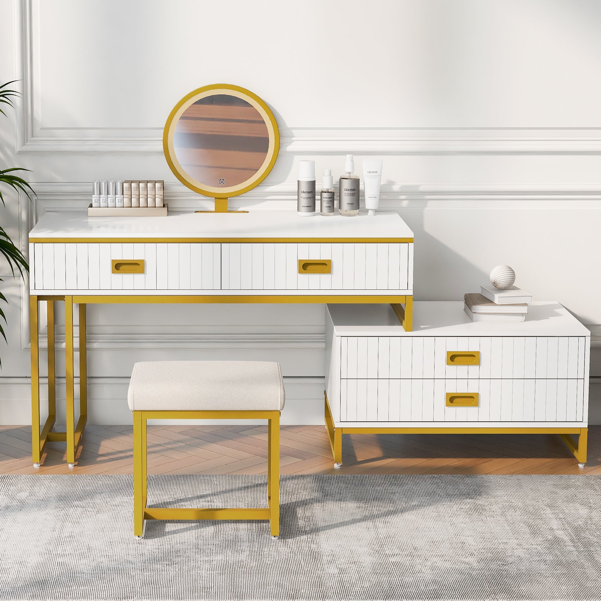 Modern Vanity Table with Movable Side Cabinet, 4 Drawers & Mirror