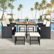 All-Weather 9-Piece Patio Dining Set, Wood Top, Black Wicker & Beige Cushions