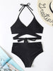 Ensemble de maillot de bain bikini taille haute noir uni pour femmes