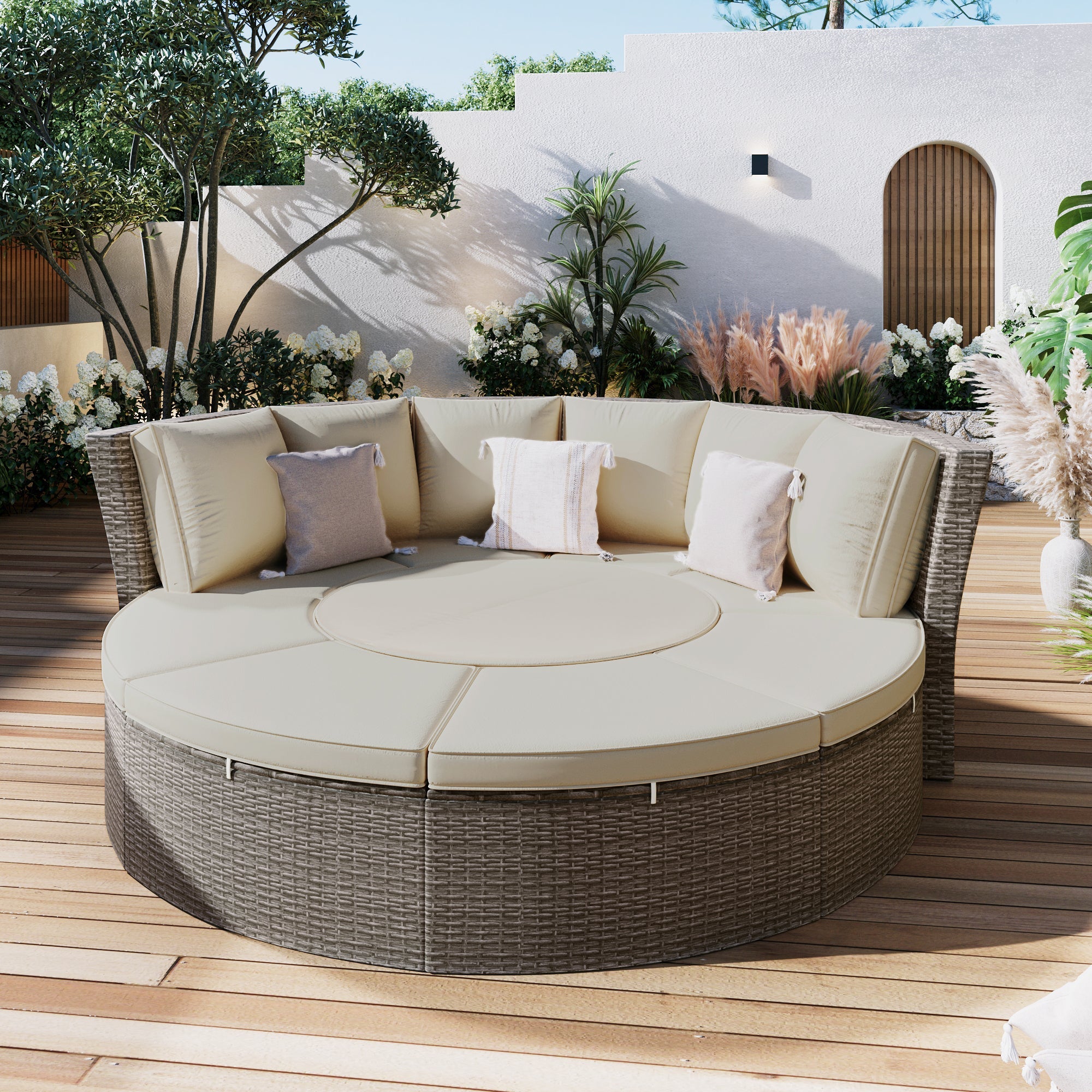 5-Piece Round Rattan Patio Sofa Set with Liftable Table & Washable Cushions