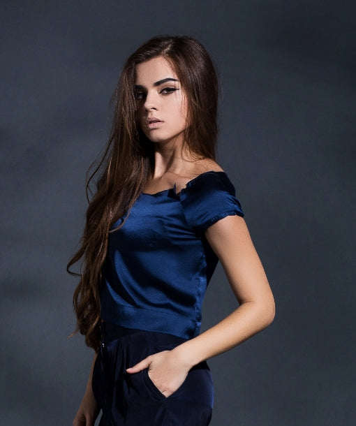 Reconstructed Elegance Cropped Top in Navy Blue