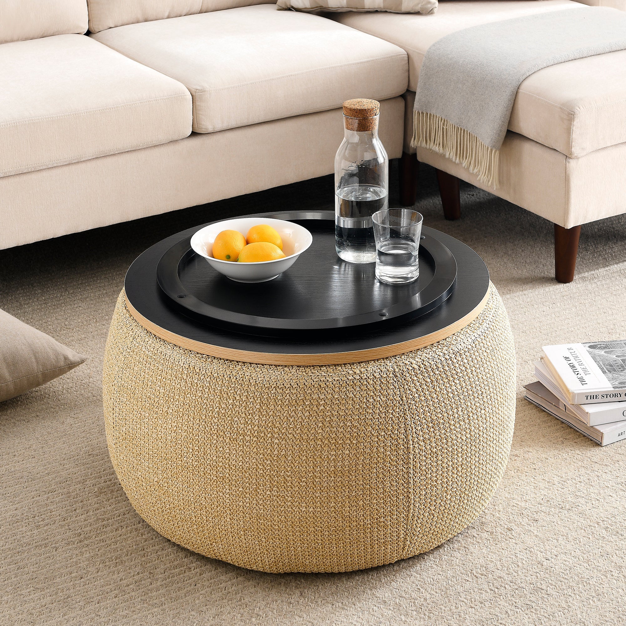 Round Storage Ottoman, 2-in-1 End Table & Ottoman, Natural (25.5